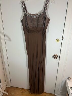 Brown Embellished Strap Evening Gown